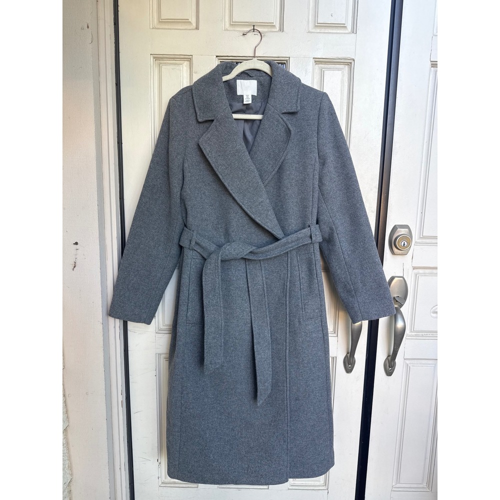 H&M Womens Gray Wool Blend Belted Wrap Coat Notched Lapel Size Medium